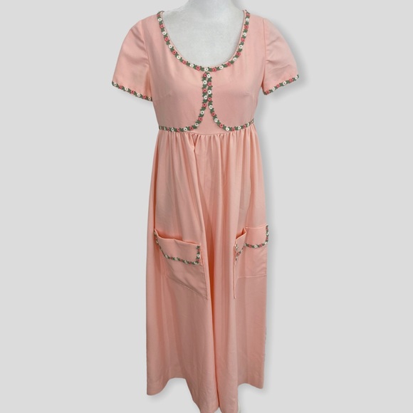 Vintage 60s Pink Flowy Cottagecore Maxi Floral Trim Large Pockets - Picture 7 of 7